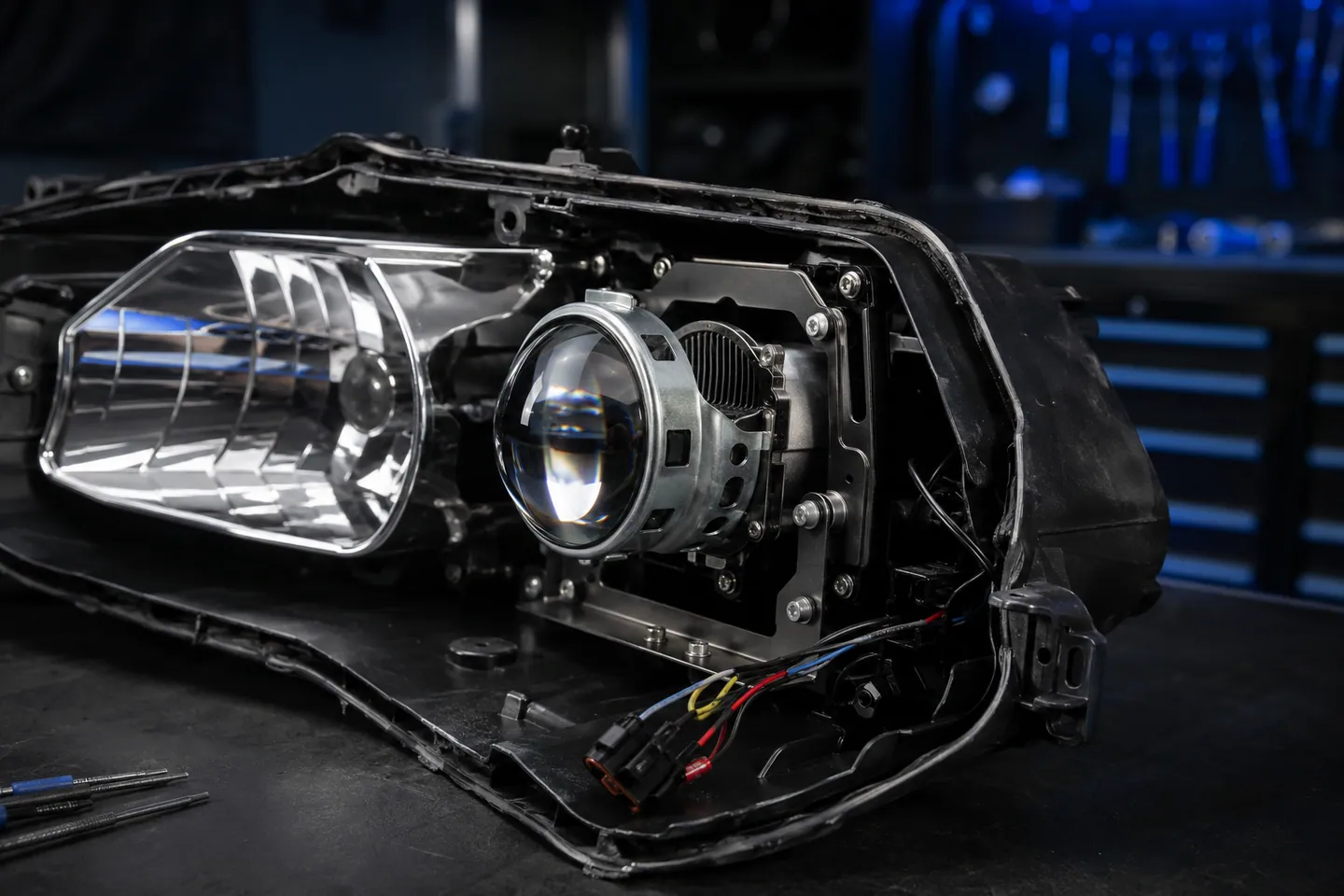Automobilio žibinto Bi-LED projektoriaus montavimas dirbtuvėse