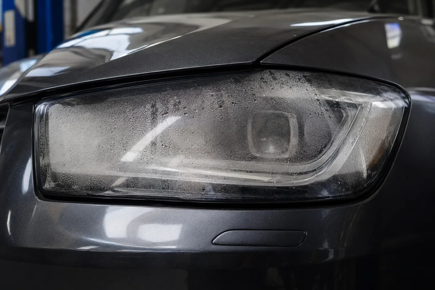 Iš vidaus aprasojęs automobilio žibintas prieš remontą